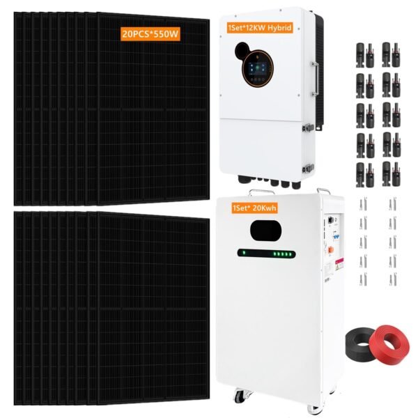 20KWH Hybrid Solar Power System Complete Kit 20PCS*550W Solar Panel (11KW) + 1Sets*48V 12KW Hybrid Inverter Split Phase Inverter Built in MPPT+ 1Sets*51.2V 406Ah 20kwh LiFePO4 Home Lithium Battery